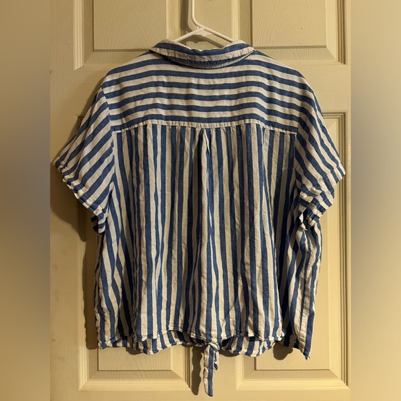 AVA VIV plus size top, size 2X, blue, white stripes, front tie knot - Picture 2 of 6